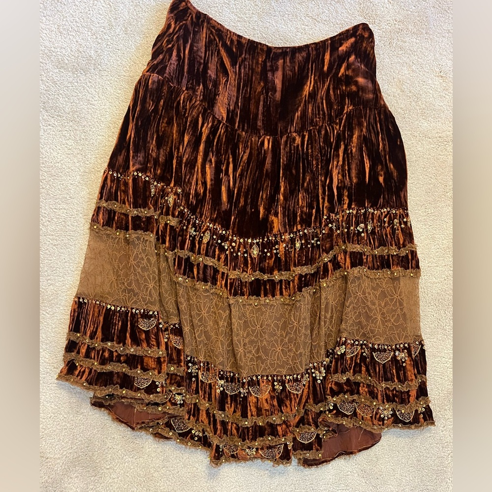 NWT Cache Sequin Bead Peek A Boo Lace Velvet Skirt Tiered Vintage Boho
